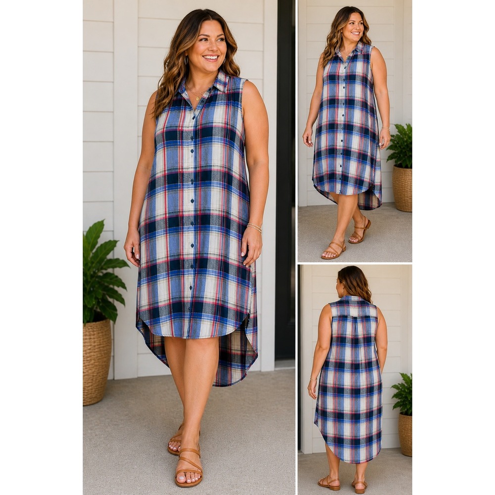 Stevie & Lindsay Womens 3X Plaid Sleeveless High Low Button Front Shirt Dress